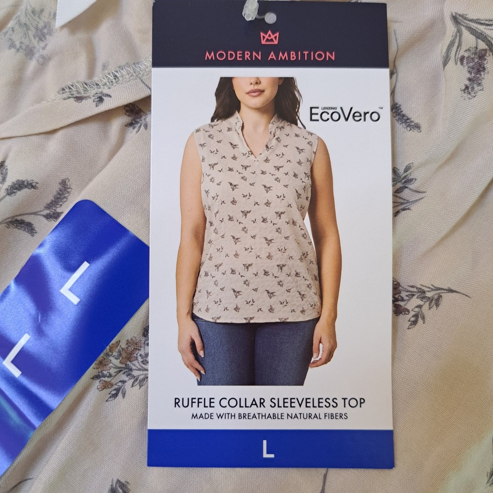 Modern Ambition Womens Sleeveless Top L Tan NWT Ruffle Collar Floral 1599-140